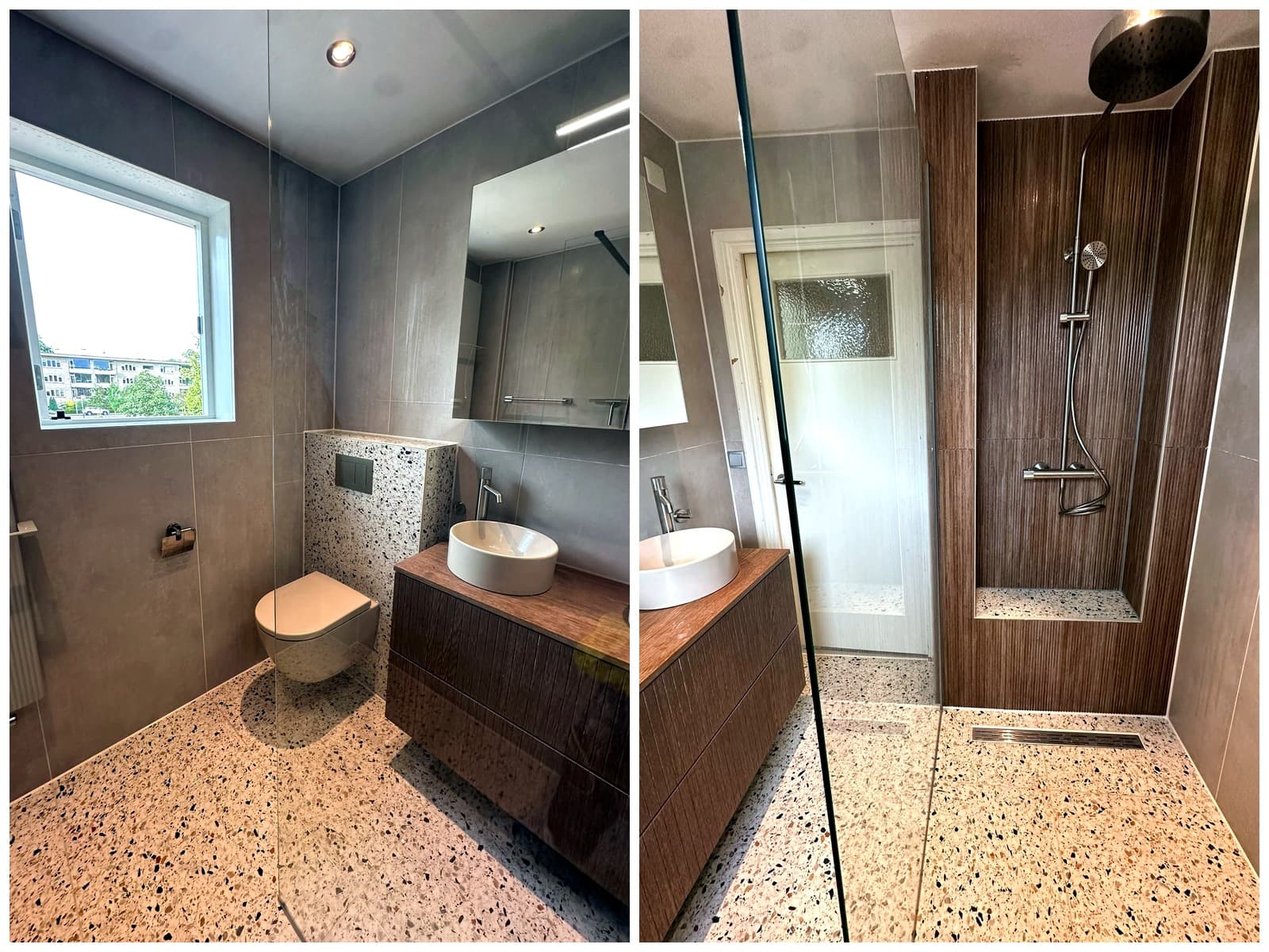 Badkamer met terrazzovloer, houtlook douchewand en een hangend toilet